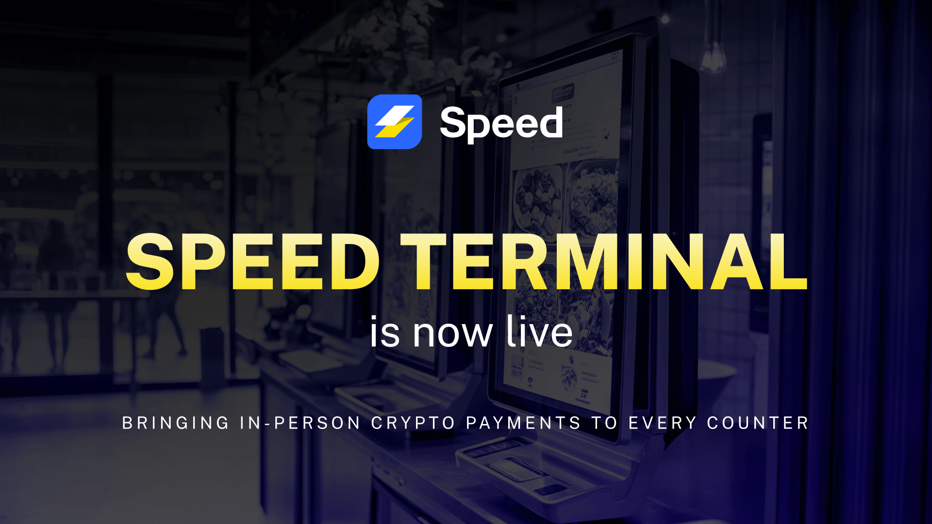 Merchant using Speed USDC/Lightning POS terminal for offline NFC payment in busy retail store, demonstrating instant crypto transactions with Lightning Network