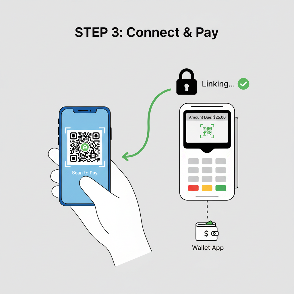 smartphone linking wallet app to POS terminal via QR code