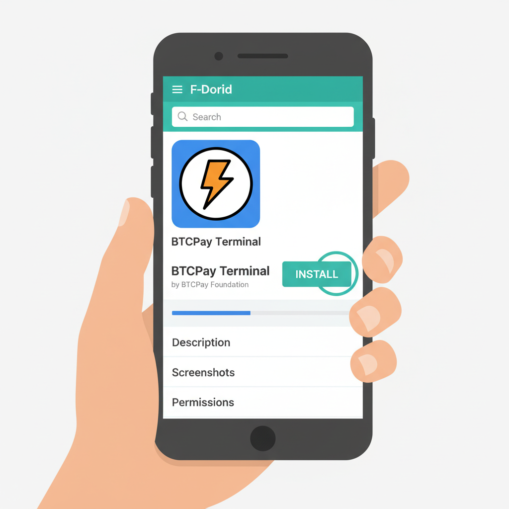 Android phone installing BTCPay Terminal app from F-Droid, clean app store interface