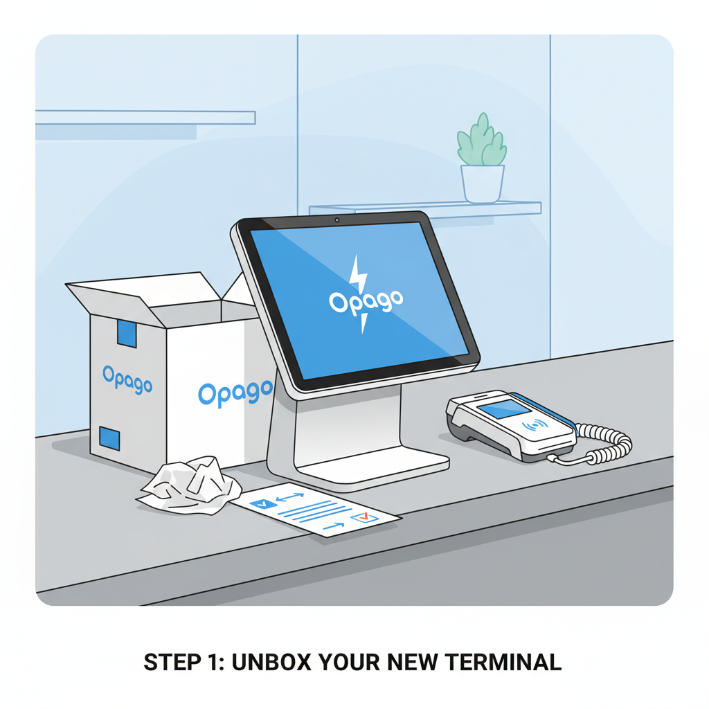 sleek Opago Lightning POS terminal freshly unboxed on modern retail counter