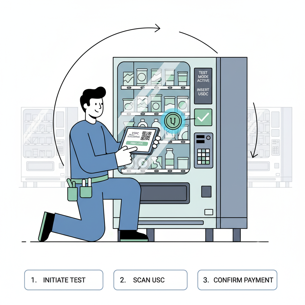 technician testing offline vending machine USDC payment