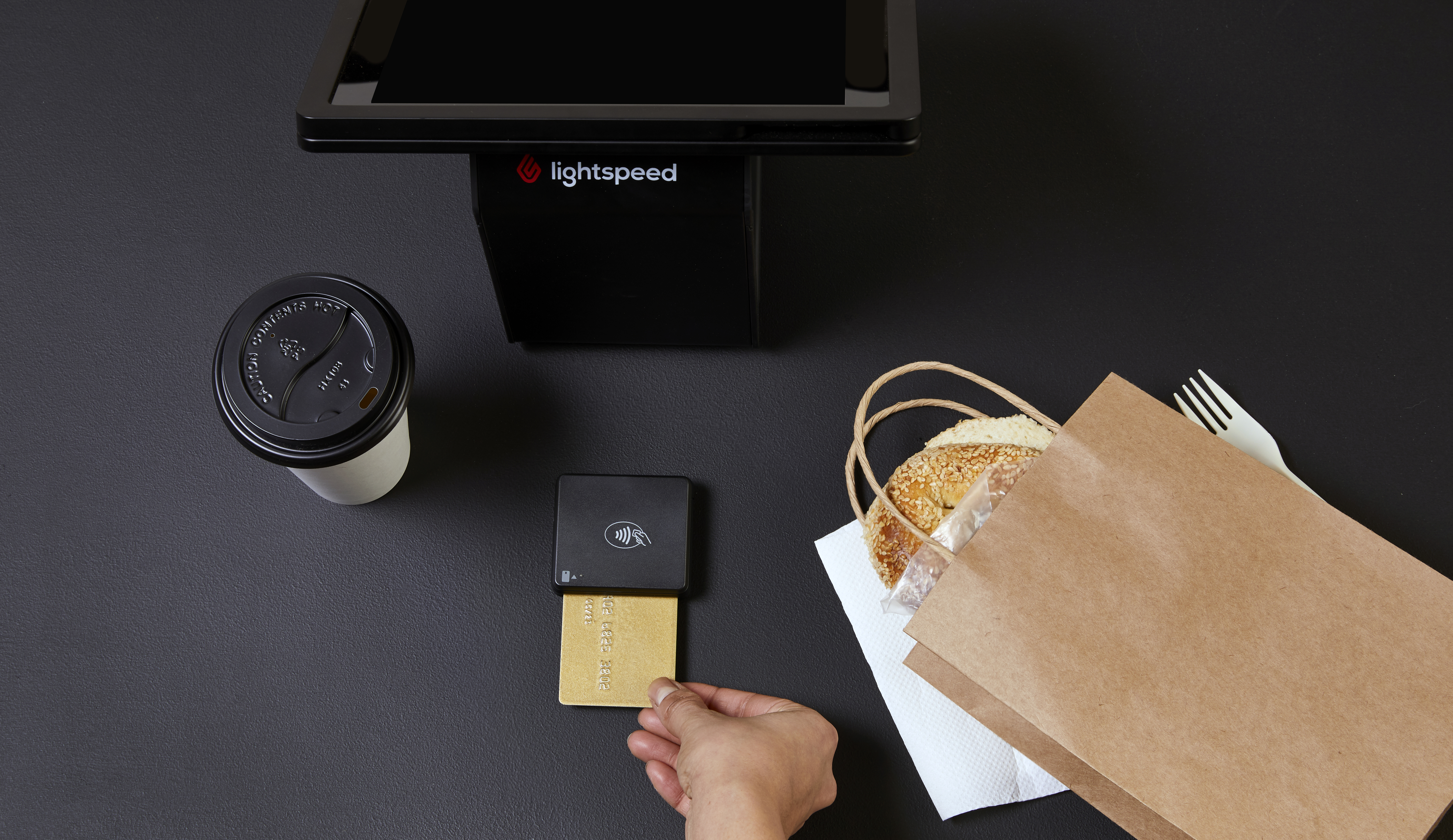 Vibrant coffee shop scene with customer tapping NFC card on modern POS terminal showing successful Lightning Network Bitcoin payment for micro-transactions