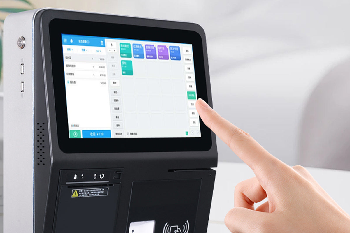 Sleek offline USDC NFC Lightning POS terminal in bustling restaurant showing customer NFC tap and QR code scan during peak hour service
