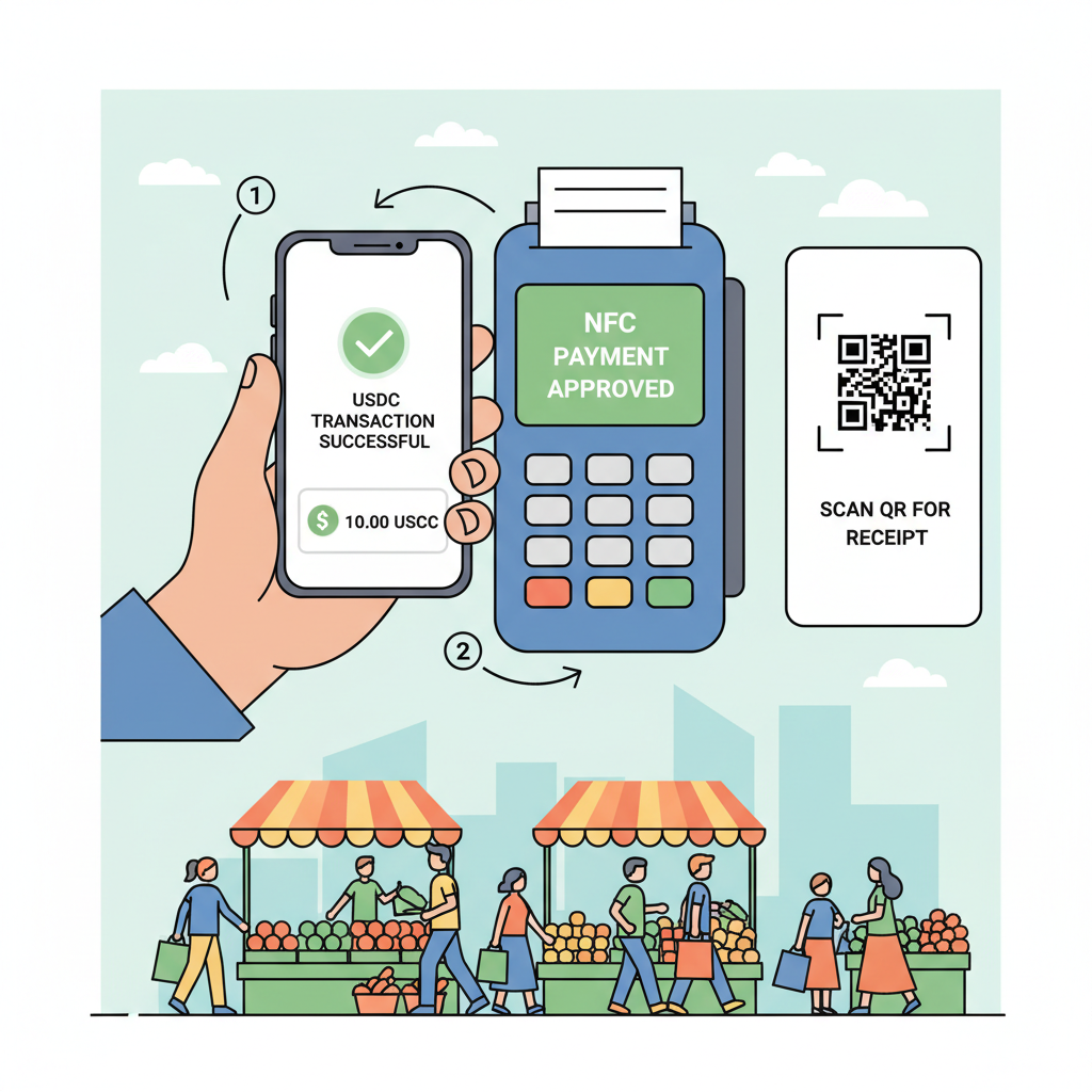 hand tapping phone on POS terminal NFC USDC transaction success QR code scan busy market scene