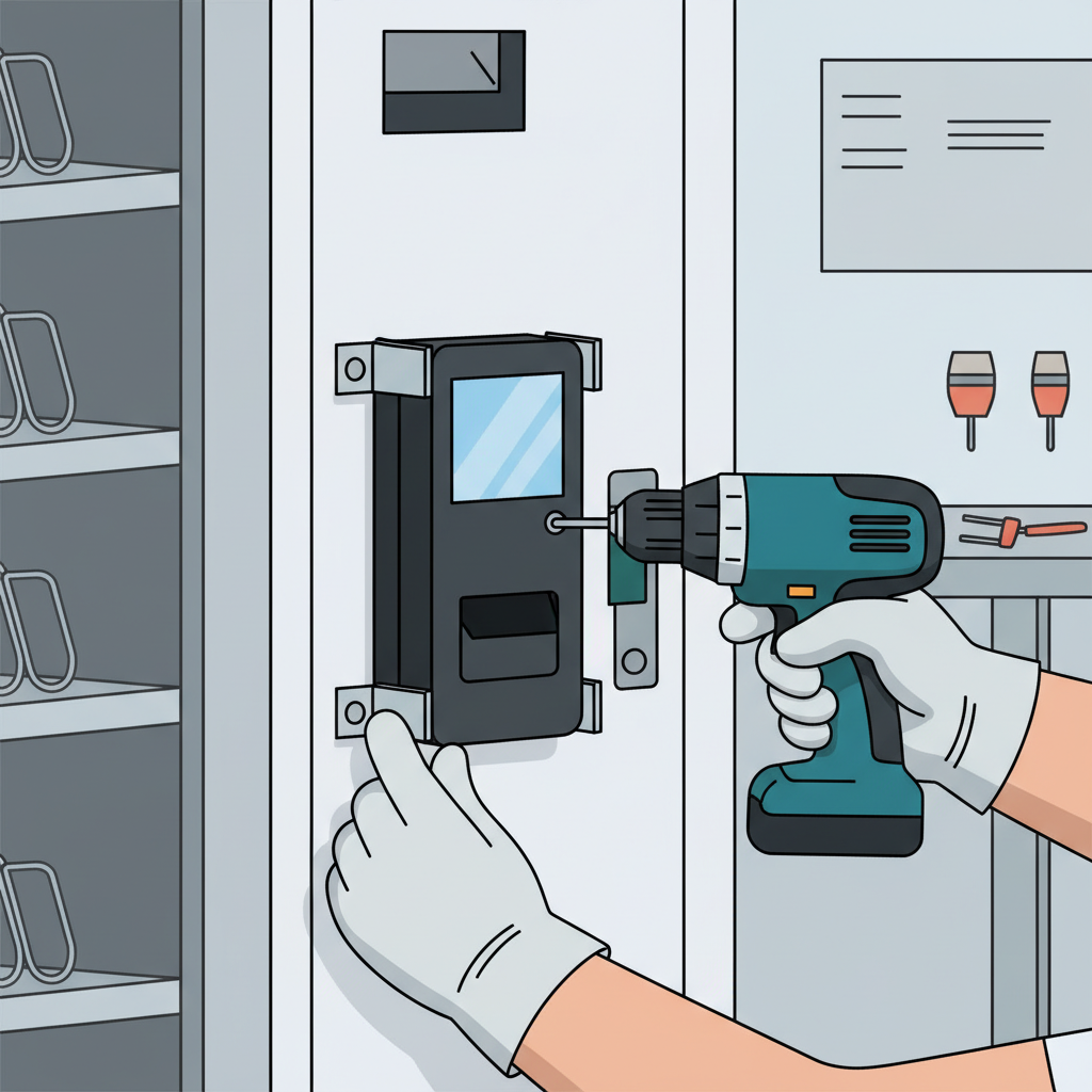 hands mounting black POS terminal on vending machine door with screws and brackets, bright workshop lighting