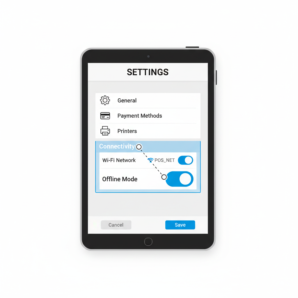 POS terminal settings screen highlighting offline mode toggle