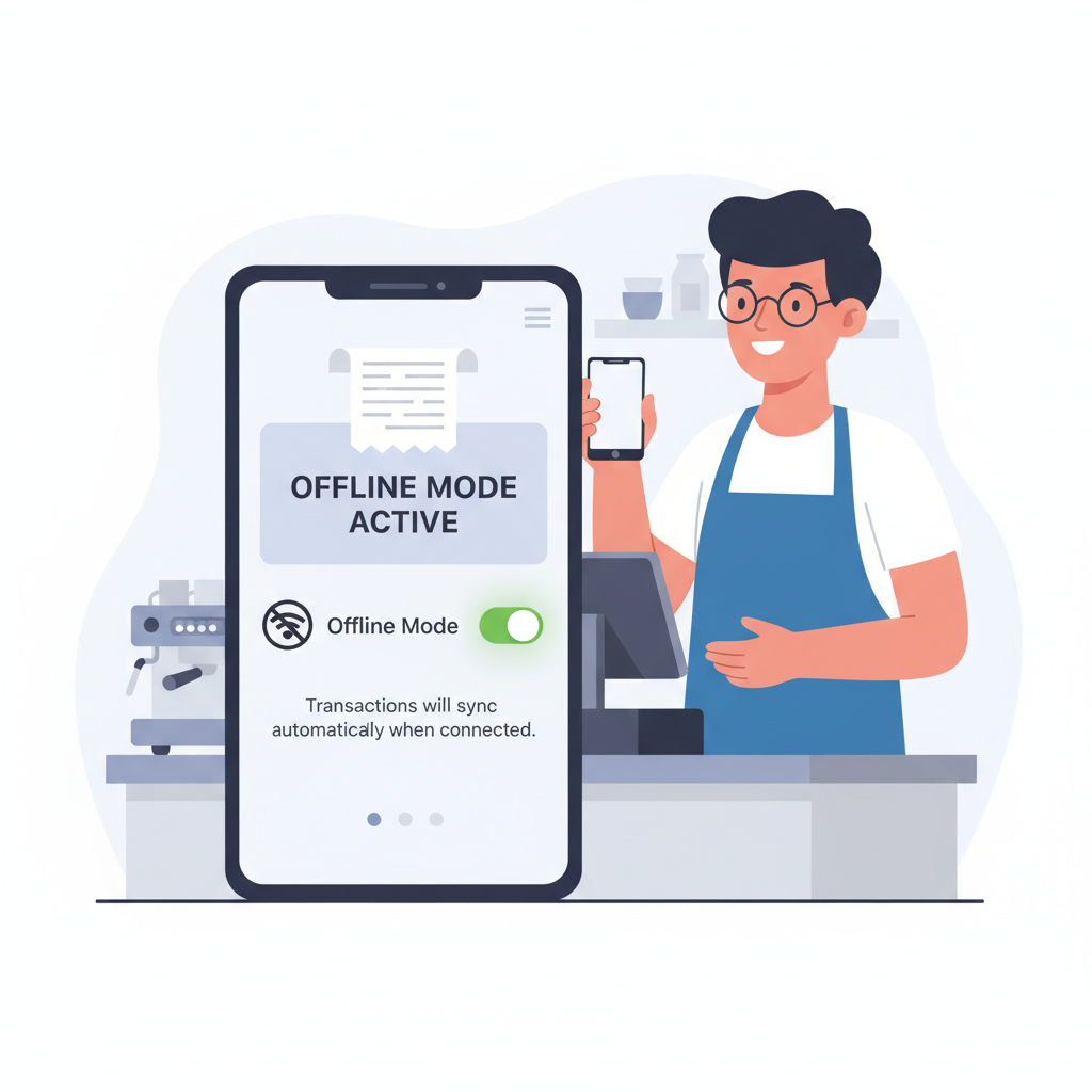 smartphone app screen enabling offline mode on POS terminal, no-wifi icon, confident merchant smiling