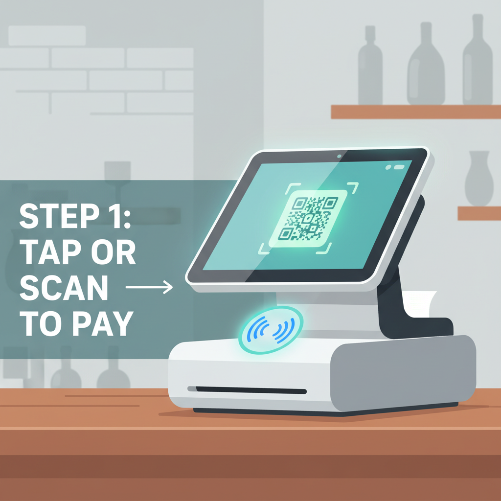 sleek modern POS terminal hardware on restaurant counter with NFC tap and QR code glowing