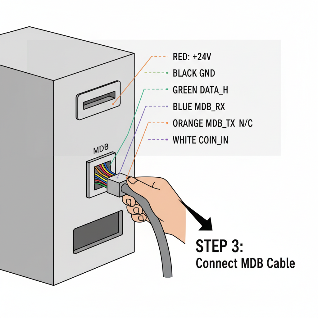 close-up wiring POS terminal cable into vending machine MDB port, colorful wires, technical diagram overlay