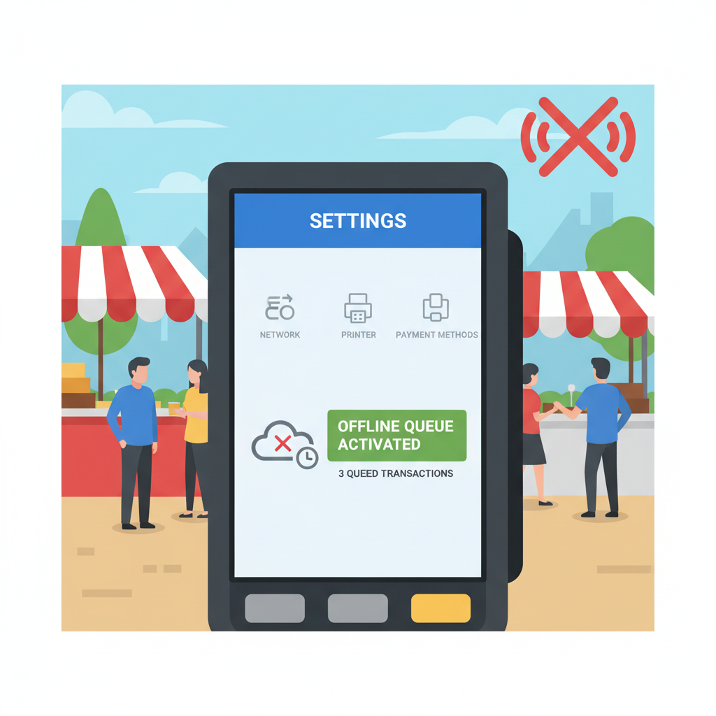 POS terminal settings screen offline queue activated queued transactions icon outdoor market no signal