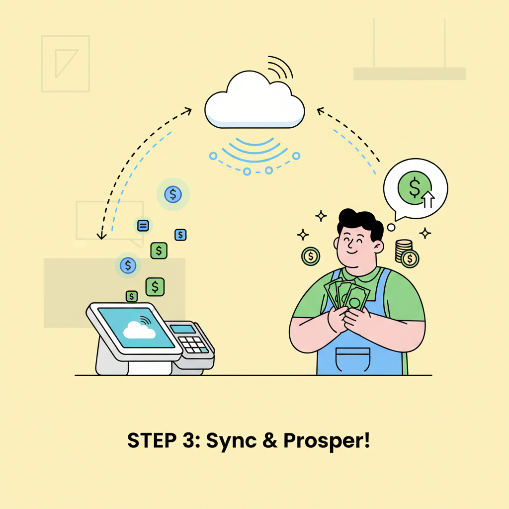 POS terminal syncing payment batches to cloud, online connection animation, happy shop owner counting profits