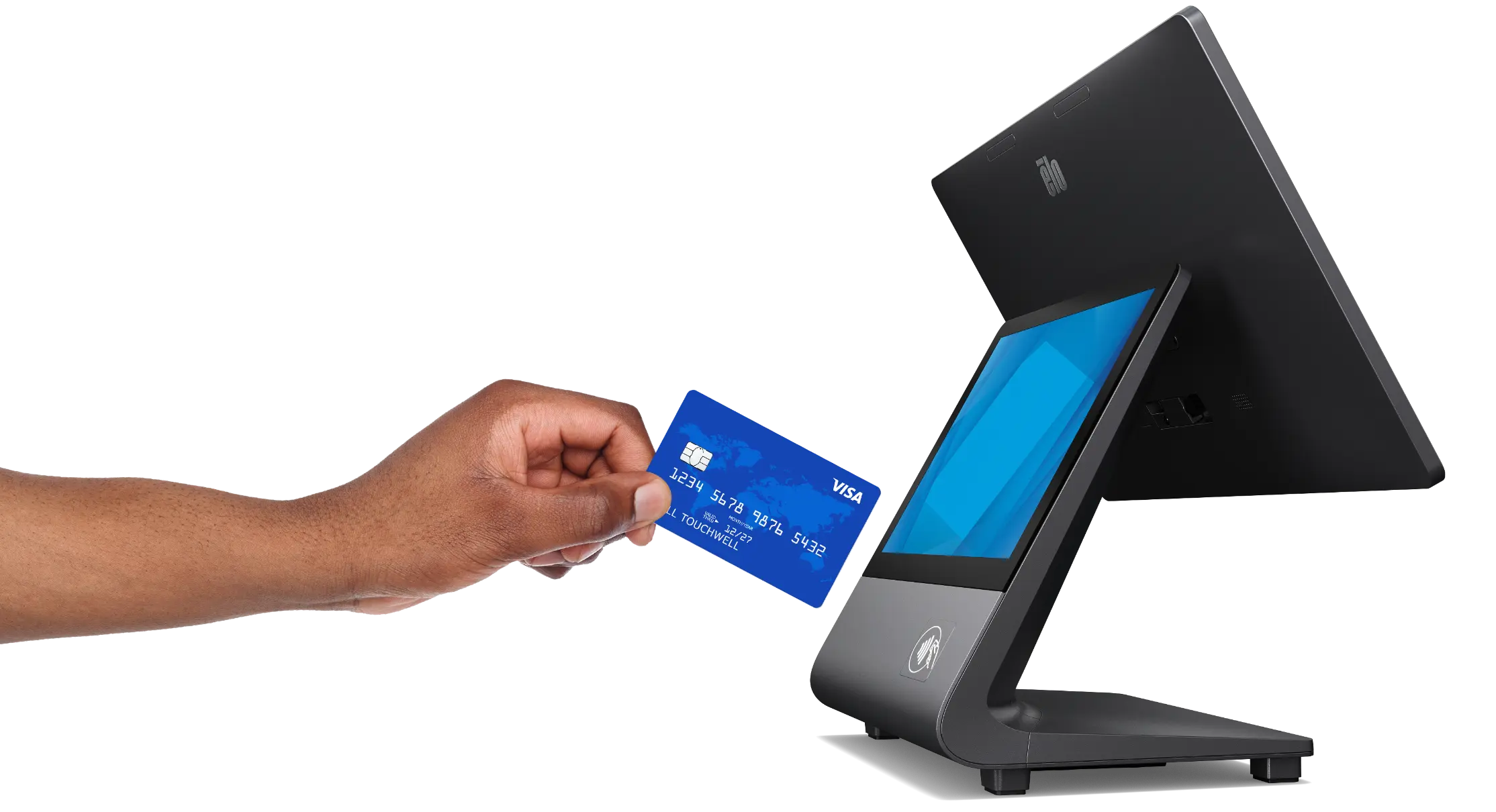 Busy retail shop counter with NFC POS terminal accepting Lightning USDC contactless tap payment from customer smartphone