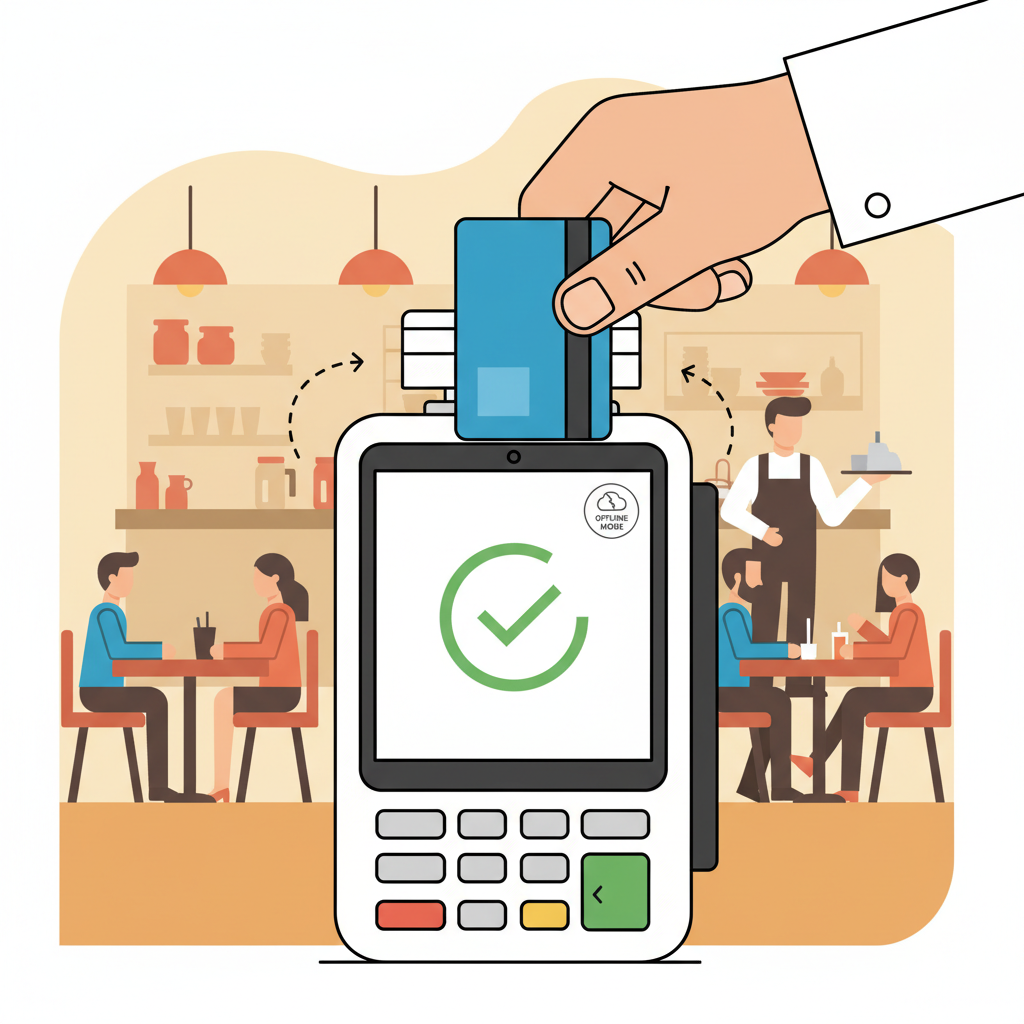 customer tapping NFC card on POS terminal, success checkmark, offline mode indicator, busy restaurant scene