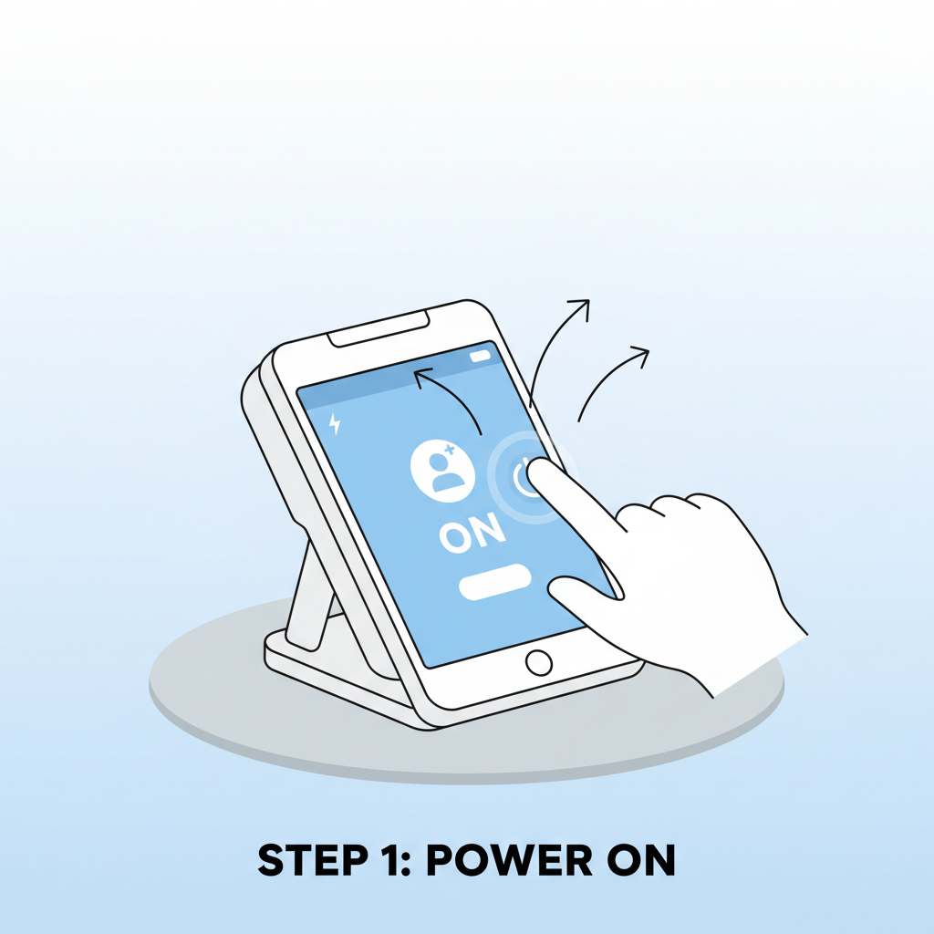 hand powering on compact Lightning POS terminal with glowing screen