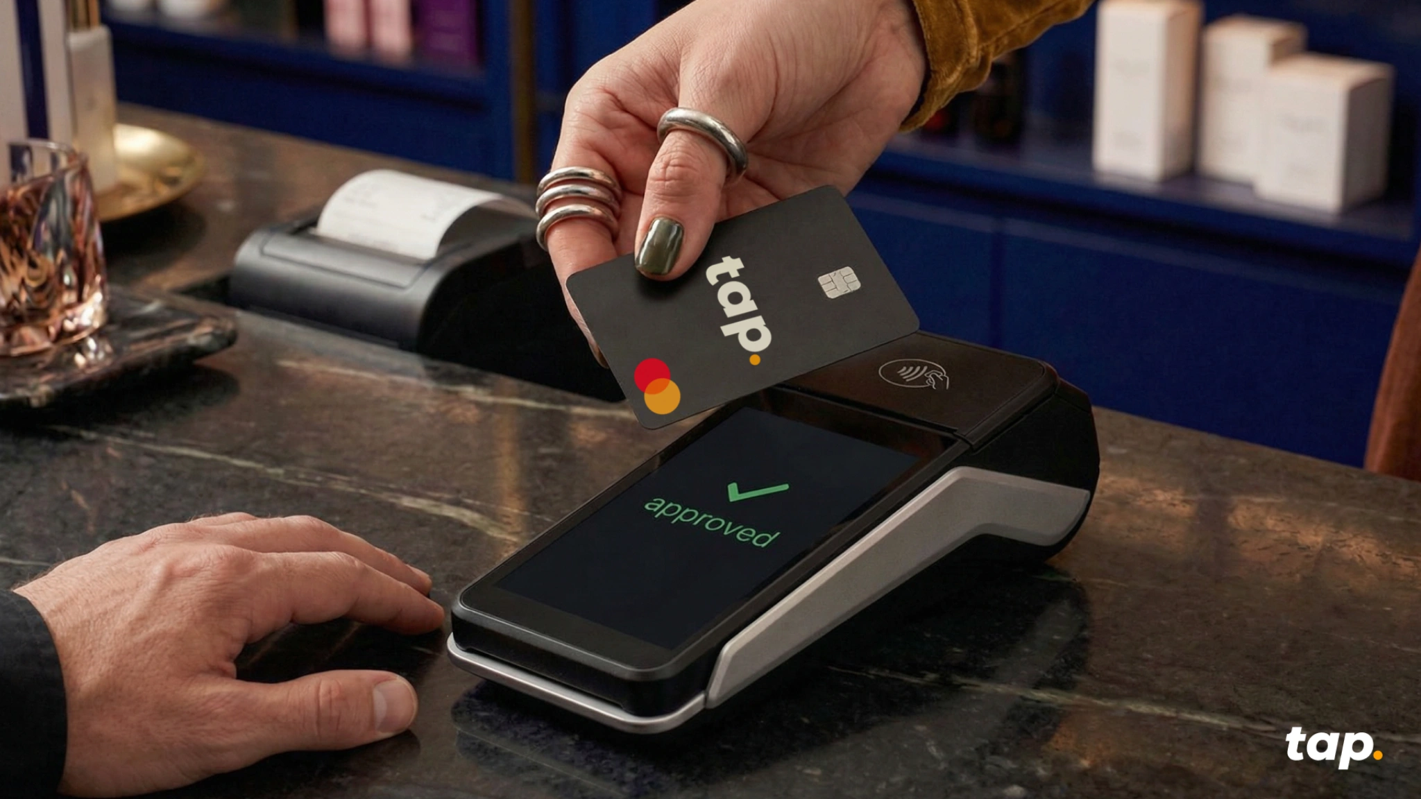 Sleek USDC Lightning POS terminal in retail store demonstrating NFC tap payment for merchants accepting stablecoin transactions