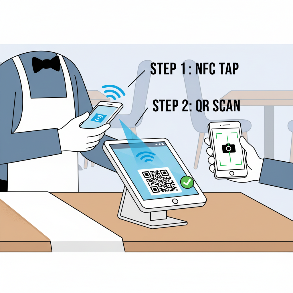 waiter testing NFC tap and QR scan on POS terminal at restaurant table