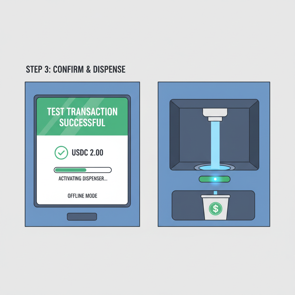 Offline testing of USDC POS on vending machine, test transaction screen, water dispenser activating