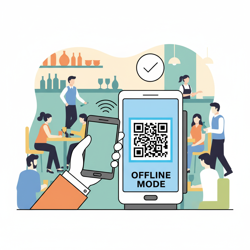 customer tapping NFC phone on POS terminal scanning QR code in busy restaurant offline mode