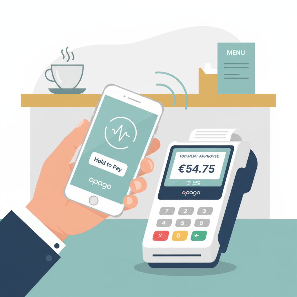 customer tapping NFC phone on opago POS terminal in restaurant, payment screen active, dynamic action shot