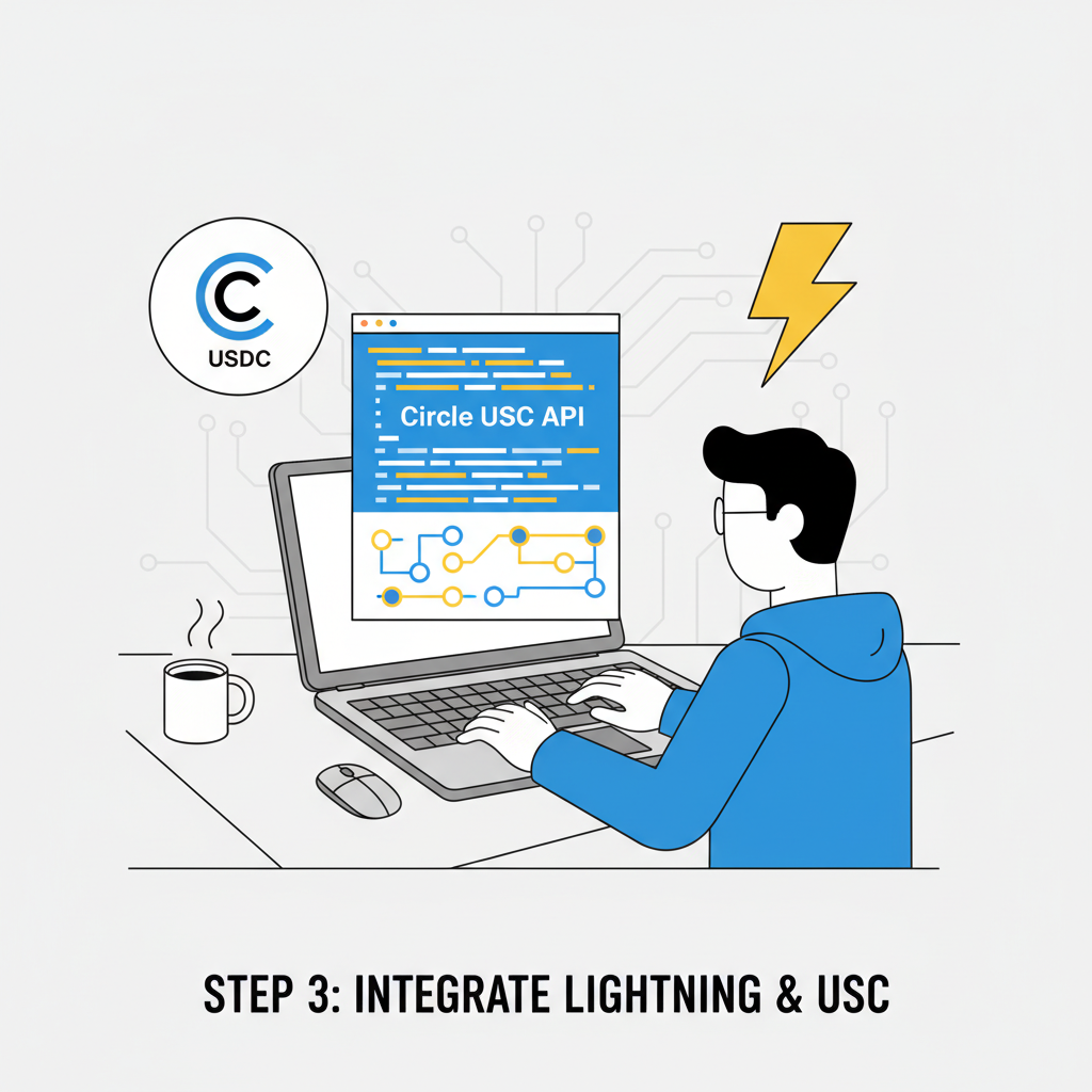 developer integrating Circle USDC API code on laptop with Lightning Network icons