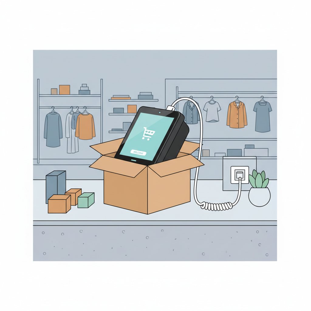 sleek black POS terminal unboxing power cord plugged in glowing screen modern retail shop counter