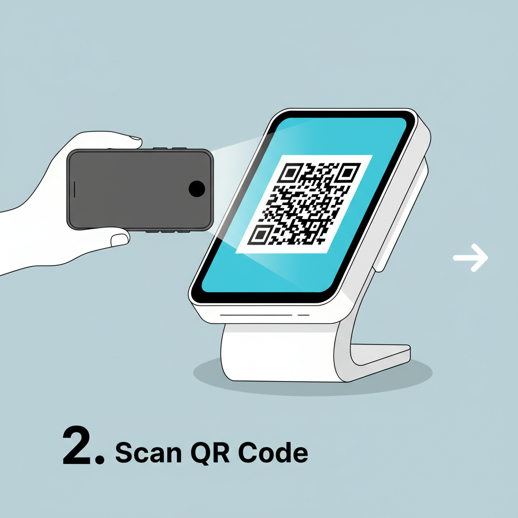 smartphone scanning large QR code on glowing POS terminal screen