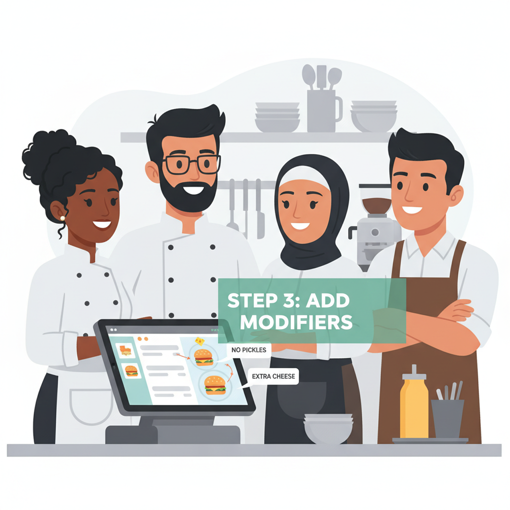 restaurant staff watching short video on POS terminal, diverse team smiling, tutorial graphics overlay