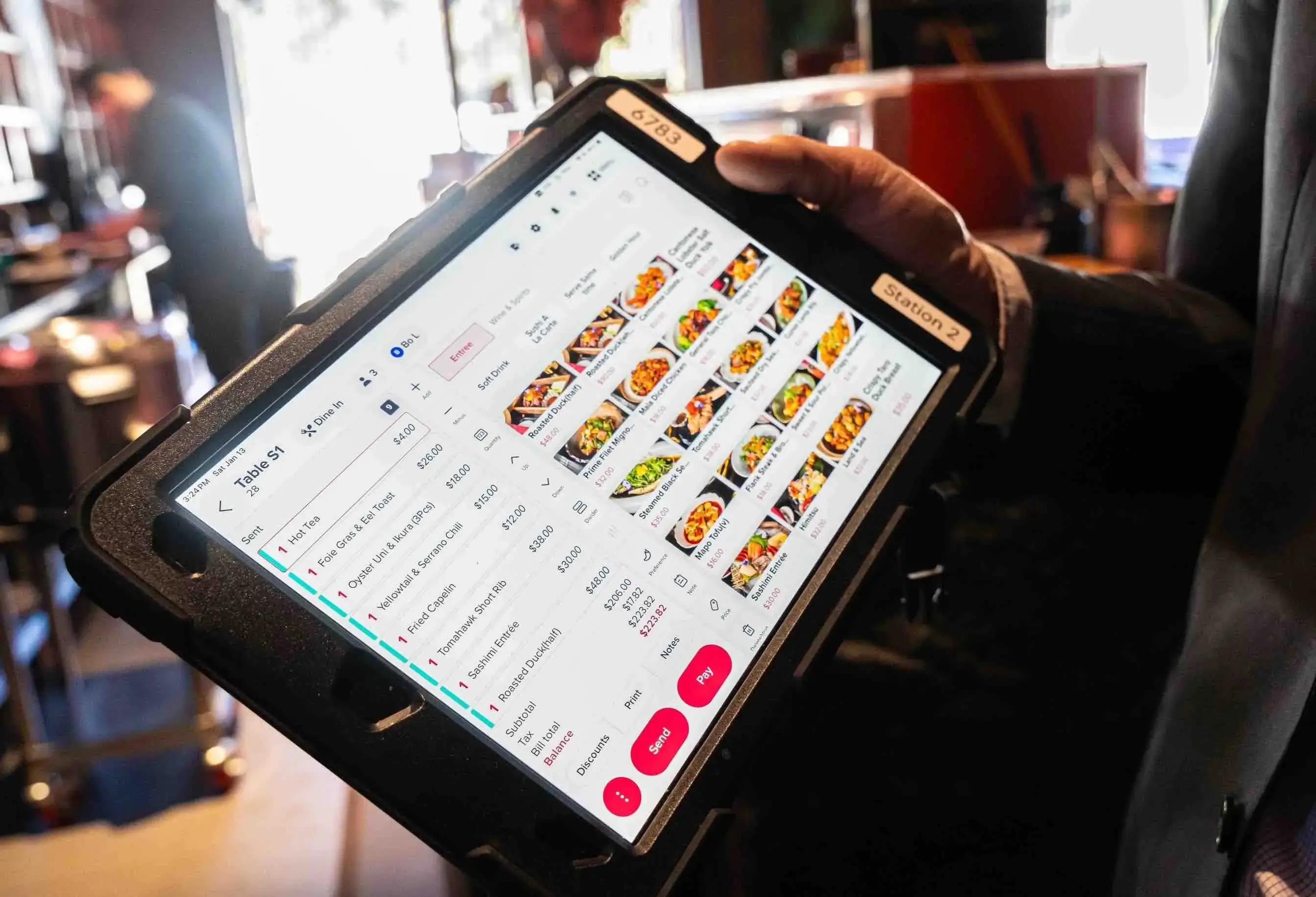 Sleek NFC-enabled Lightning Network POS terminal in a busy restaurant kitchen handling contactless crypto payments like Bitcoin and USDC