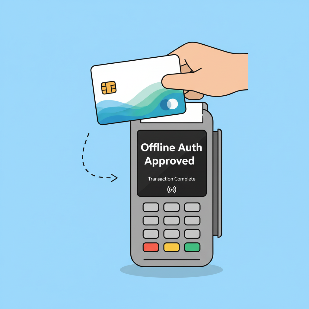 credit card being tapped on POS terminal reader, screen showing 'Offline Auth Approved'