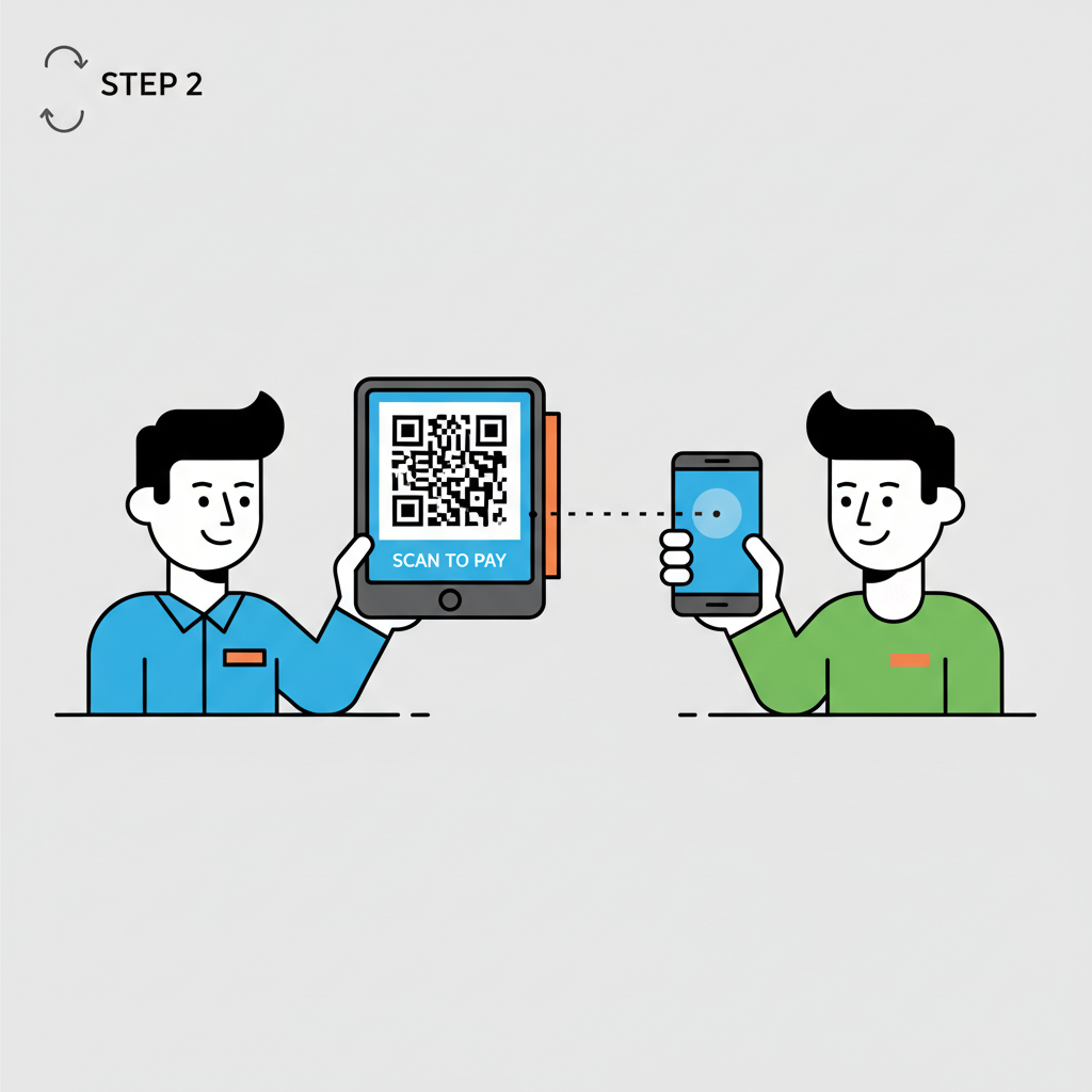 merchant holding POS showing QR code, customer scanning with phone camera