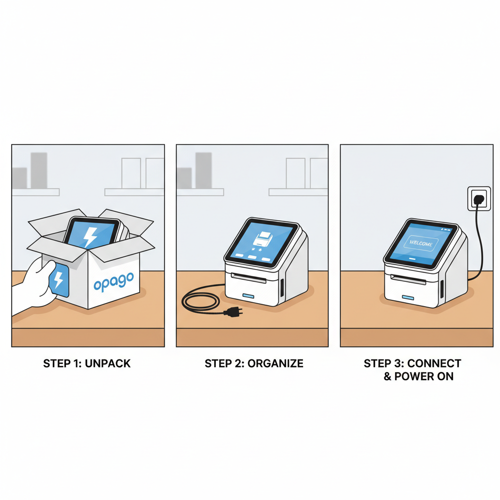 compact opago LIGHTNING POS terminal unboxing on retail counter, power cord connected, professional product shot