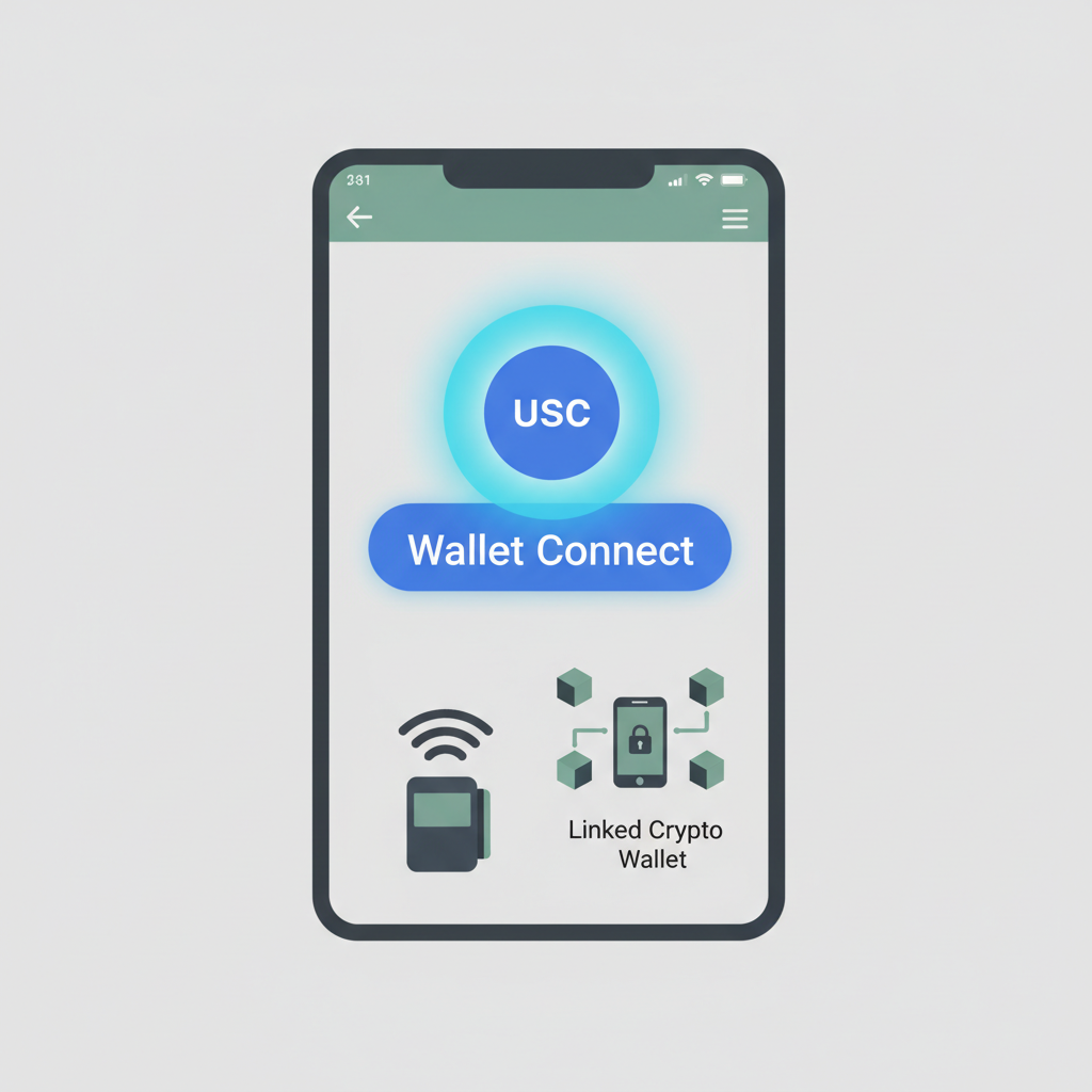mobile app screen wallet connect button USDC logo glowing NFC terminal linked crypto wallet interface