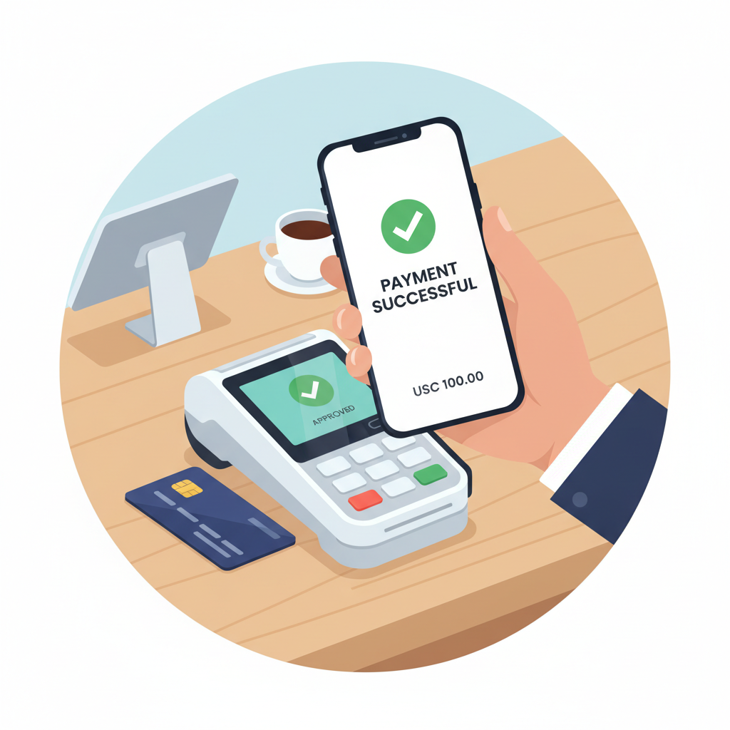 customer tapping phone on NFC POS terminal for USDC payment, success screen, restaurant counter