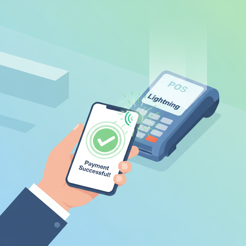 customer tapping phone NFC on glowing Lightning POS terminal, success animation