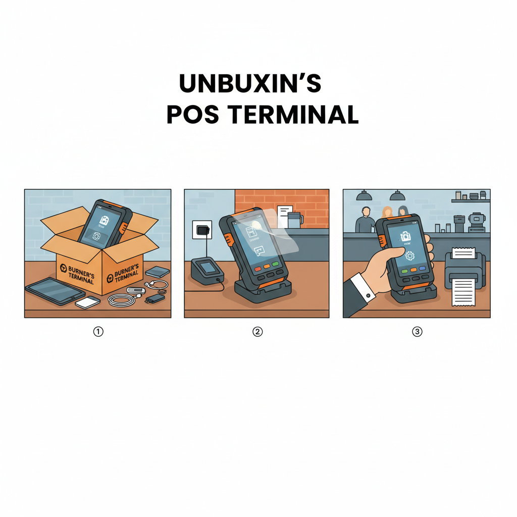 rugged handheld POS terminal unboxing, Burner's Terminal, restaurant setting, high-tech gadgets on table