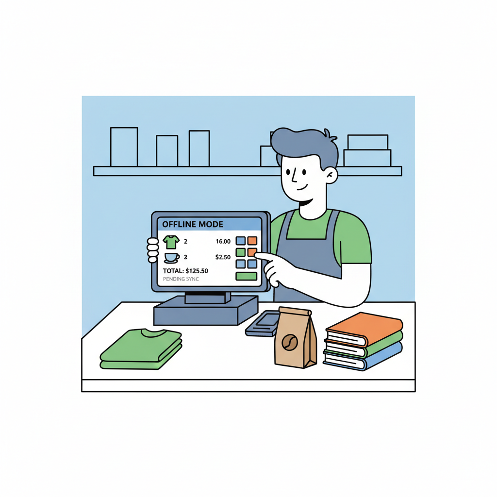 merchant at retail counter entering items on POS terminal screen in offline mode, products on counter