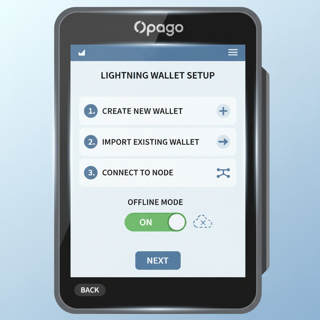 opago POS terminal screen showing Lightning wallet setup menu, offline mode toggle, clean interface closeup