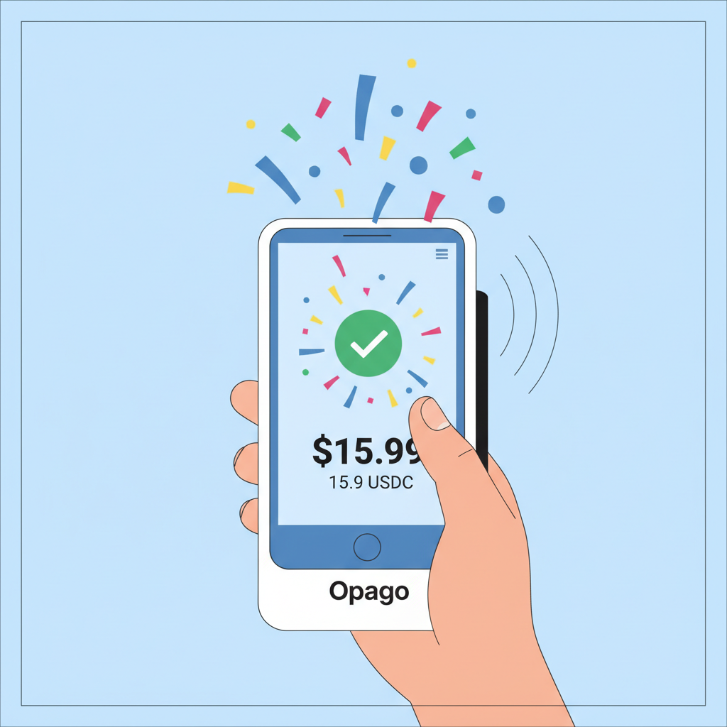 Customer tapping NFC-enabled phone on Opago POS terminal, success confetti animation, $15.99 and USDC display
