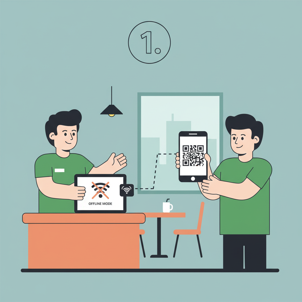 restaurant scene testing pos terminal offline with customer scanning qr