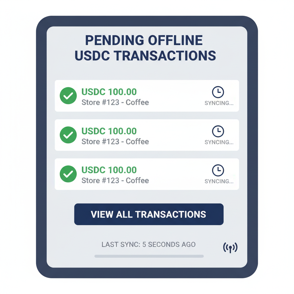 POS terminal screen listing pending offline USDC transactions, green checkmarks, dashboard view