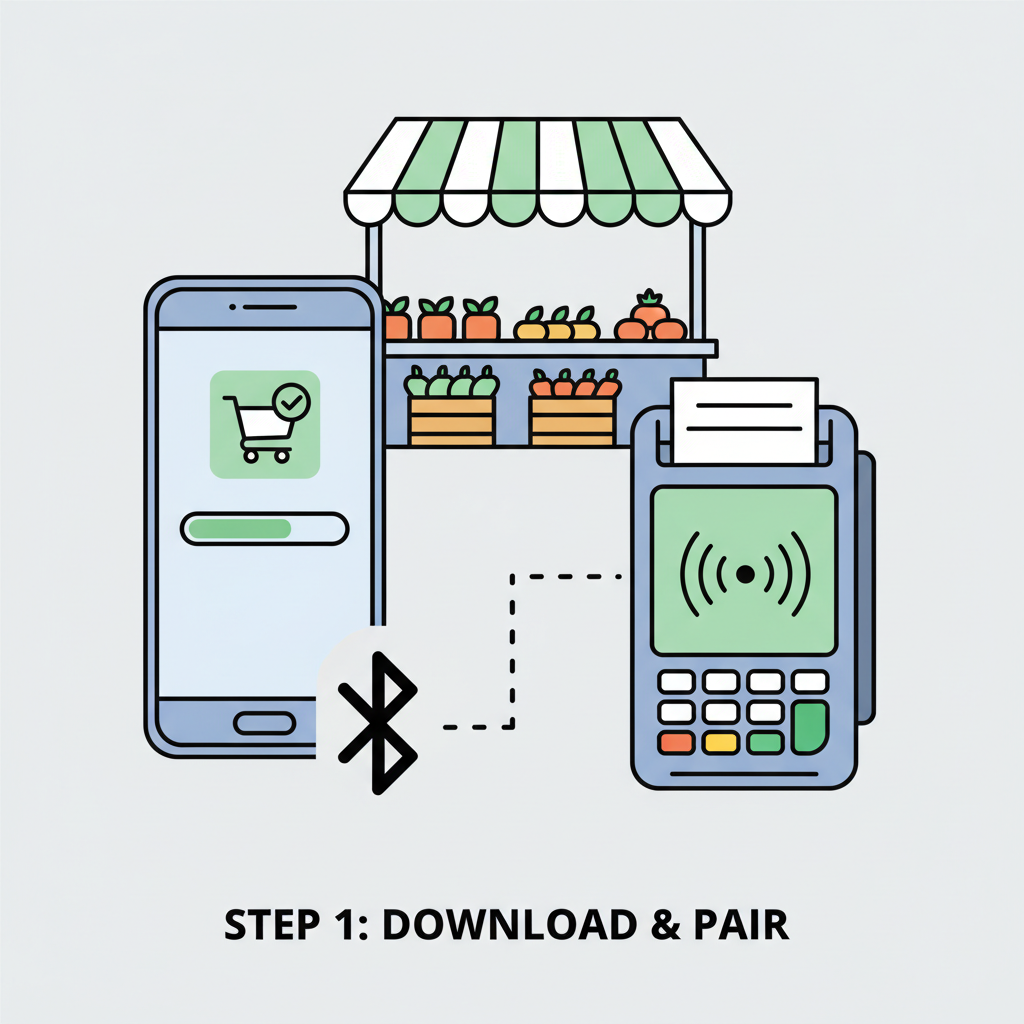 smartphone downloading app bluetooth pairing with POS terminal NFC icon retail market stall