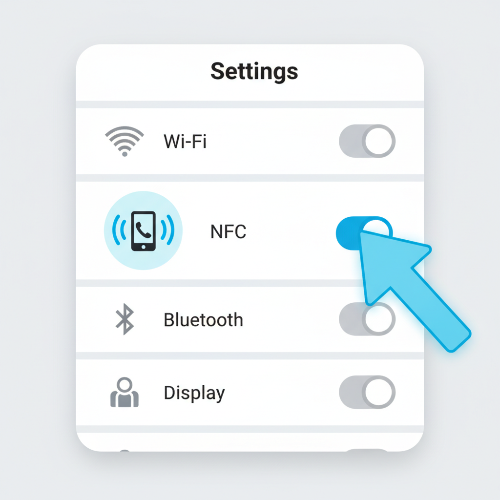 Android settings menu with NFC toggle enabled, phone icon glowing