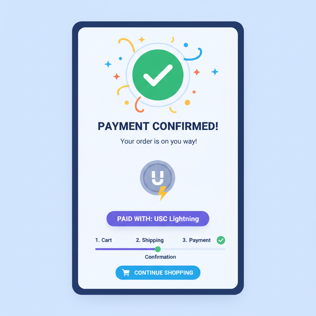 E-commerce checkout success screen with USDC Lightning payment confirmed, celebratory graphics