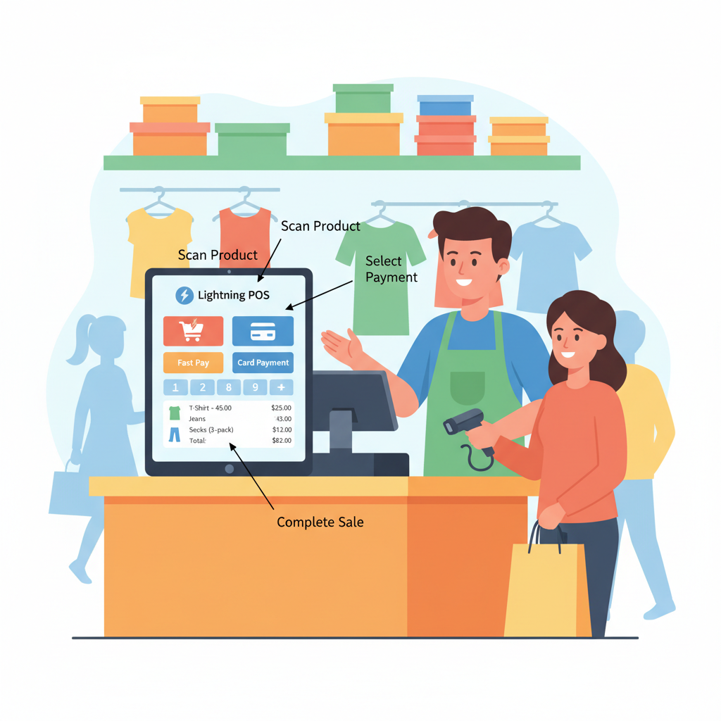 busy retail store checkout with Lightning POS in action, happy merchant