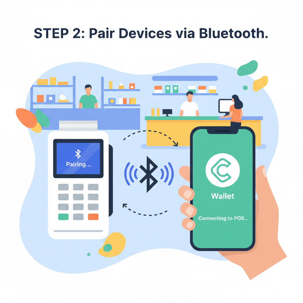 POS terminal pairing with mobile crypto wallet app, Bluetooth connection icons, energetic retail setting