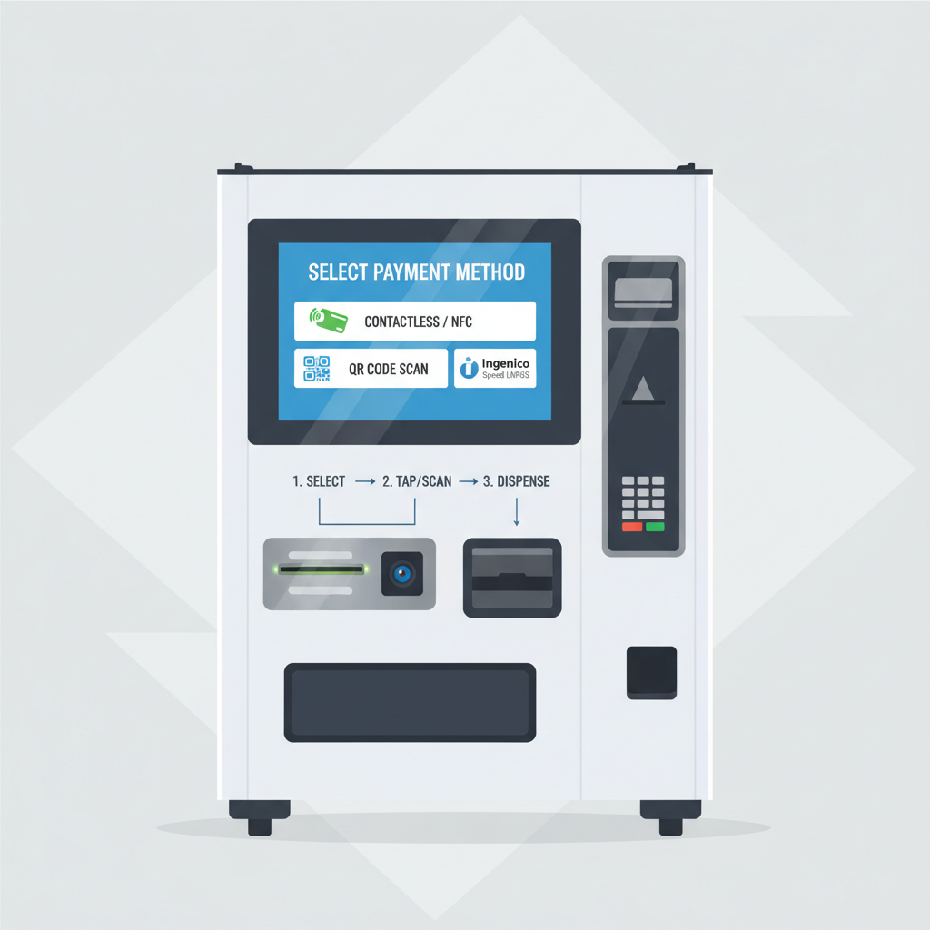 modern vending machine POS terminal selection diagram, tech icons Ingenico Speed LNPoS