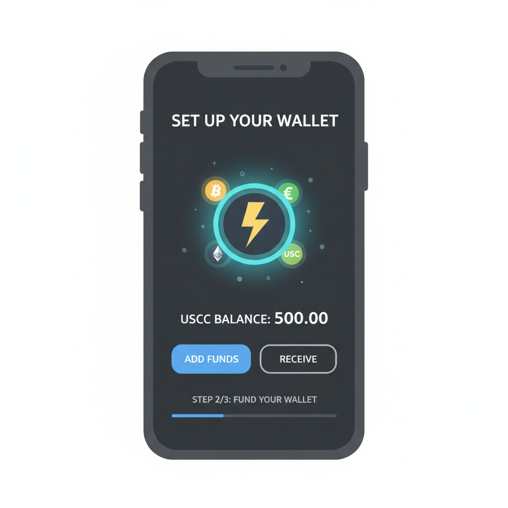 smartphone screen showing Lightning wallet setup with USDC balance, crypto icons glowing