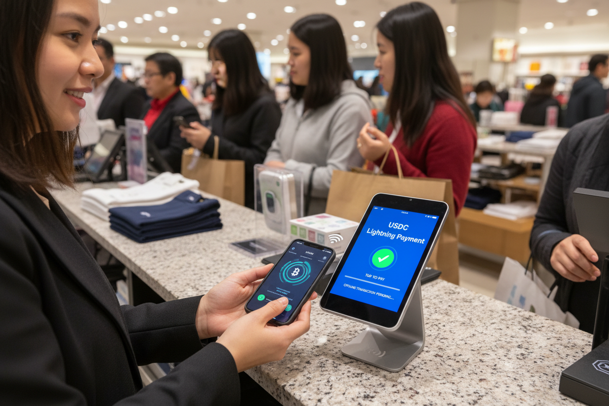 Busy retail shop counter with customer tapping NFC phone on CryptoPOS HQ terminal for offline USDC Lightning payment