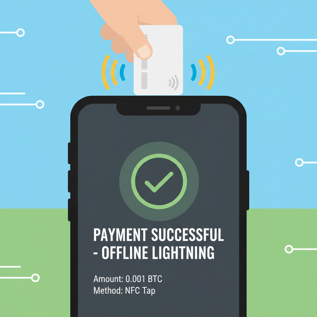 Android POS app showing successful offline Lightning payment test with NFC tap