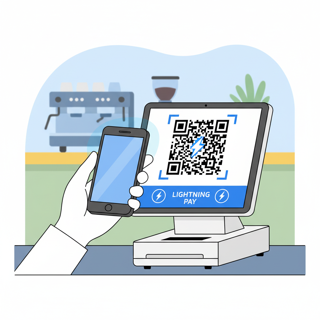 hand holding smartphone scanning QR code on POS terminal screen, Lightning Network icons, clean restaurant background